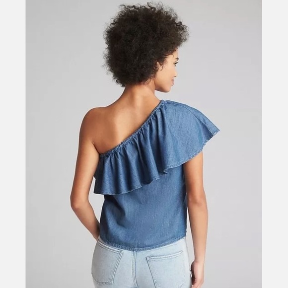 Gap One-Shoulder Blue denim Ruffle Top (Medium Wash) Size X-Small - Picture 3 of 7